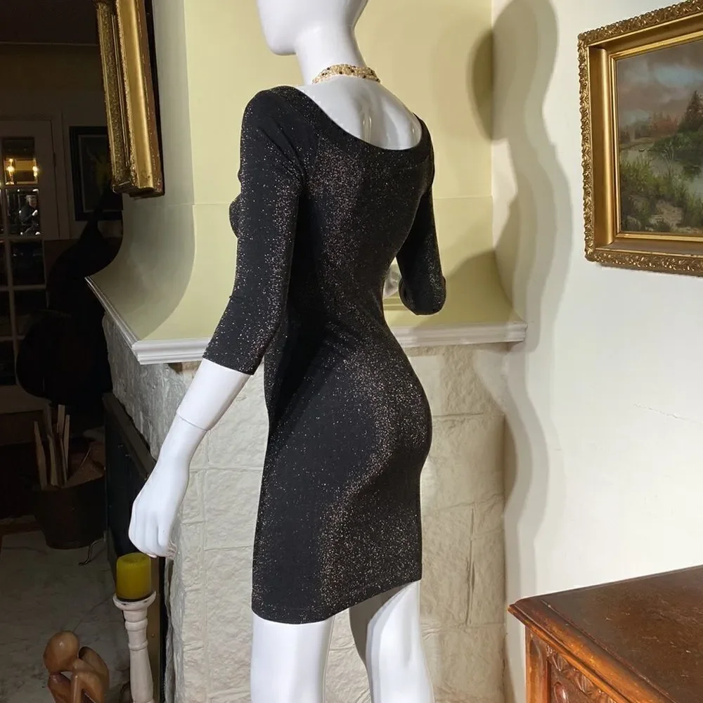 Bebe Stretch Metallic Black & Gold Bodycon Mini Dress 3/4 Sleeves - Picture 4 of 11